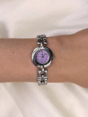 Vintage Y2K Silver Tone Bracelet Watch Lavender Purple Face Dainty Petite Femini